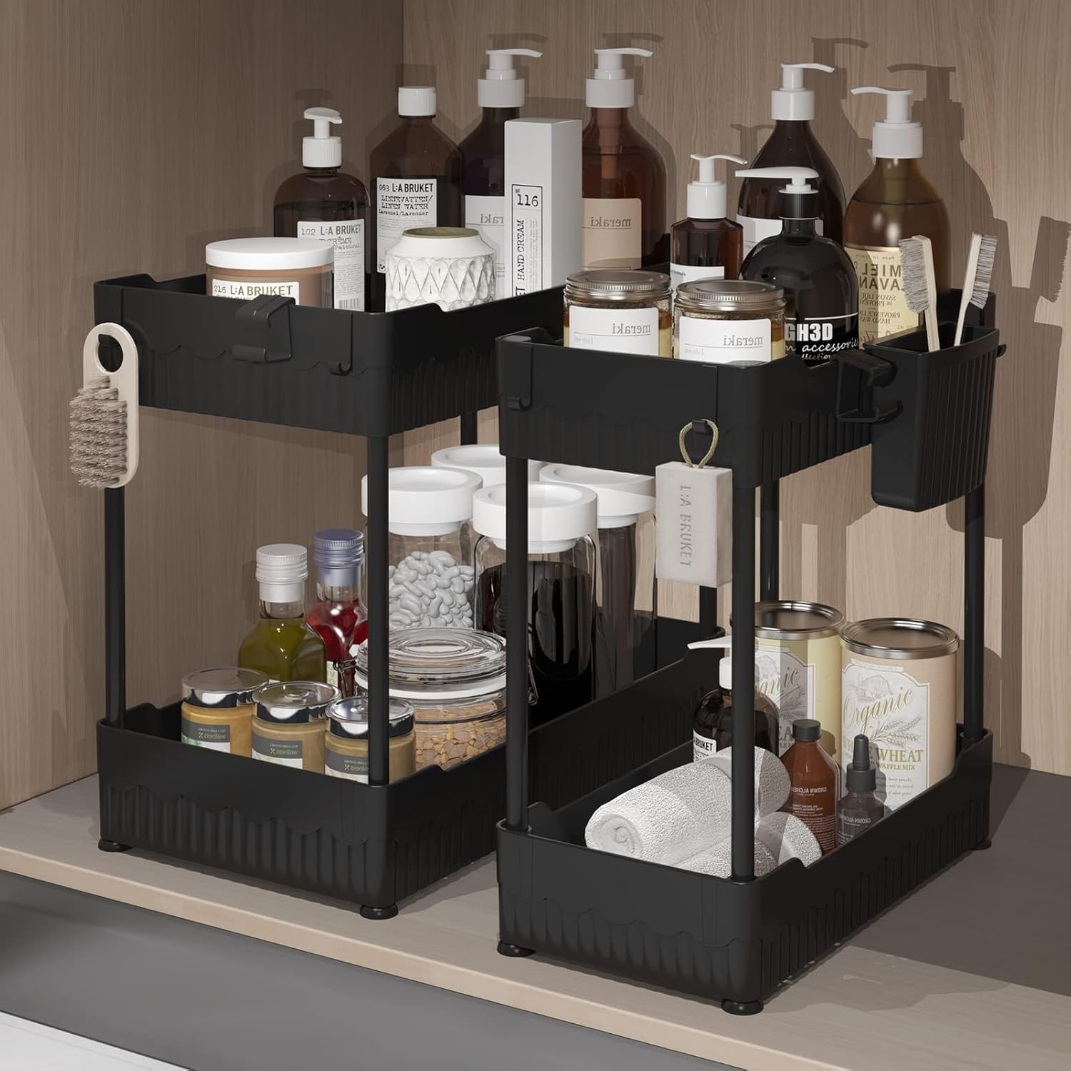 2 Pack Under Sink Organizer, Under Bathroom Cabinet Organizer with Hooks Hanging...