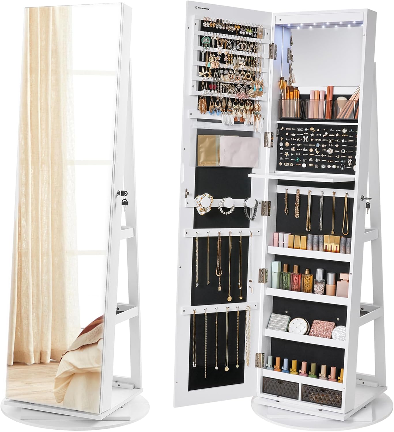 SONGMICS 6 LEDs Lockable Mirror Jewelry Cabinet, 360° Swivel Jewelry Organizer,...
