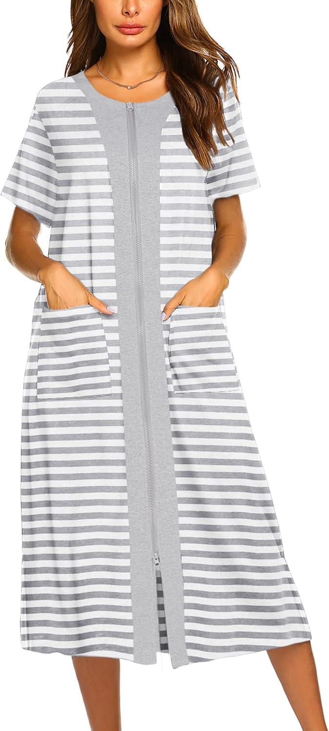 Ekouaer Women's Zipper Front Long Housedress A-white XX-Large
