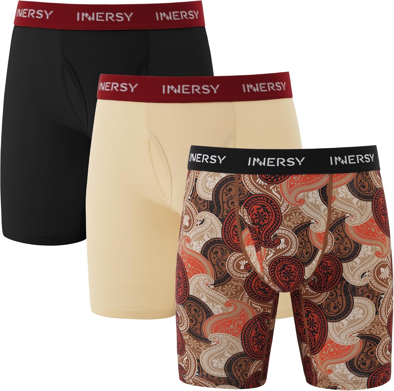 INNERSY Mens Long Leg Boxers Shorts Anti Chafing Underwear Trunks with Fly Mesh...