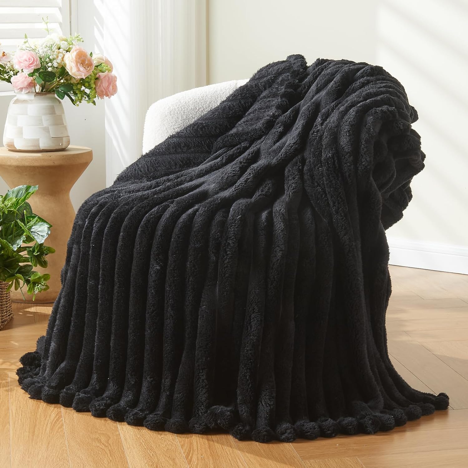 NEWCOSPLAY Super Soft Twin Blanket Black Premium Silky Flannel Fleece 3D Ribbed...