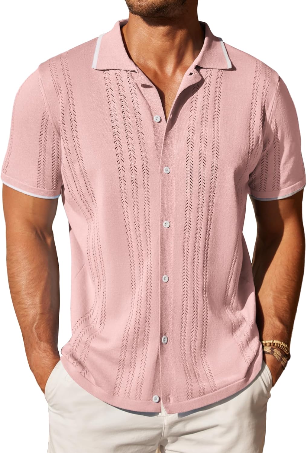 COOFANDY Men's Knit Button Down Shirt Vintage Short Sleeve Polo Shirts Casual Be...