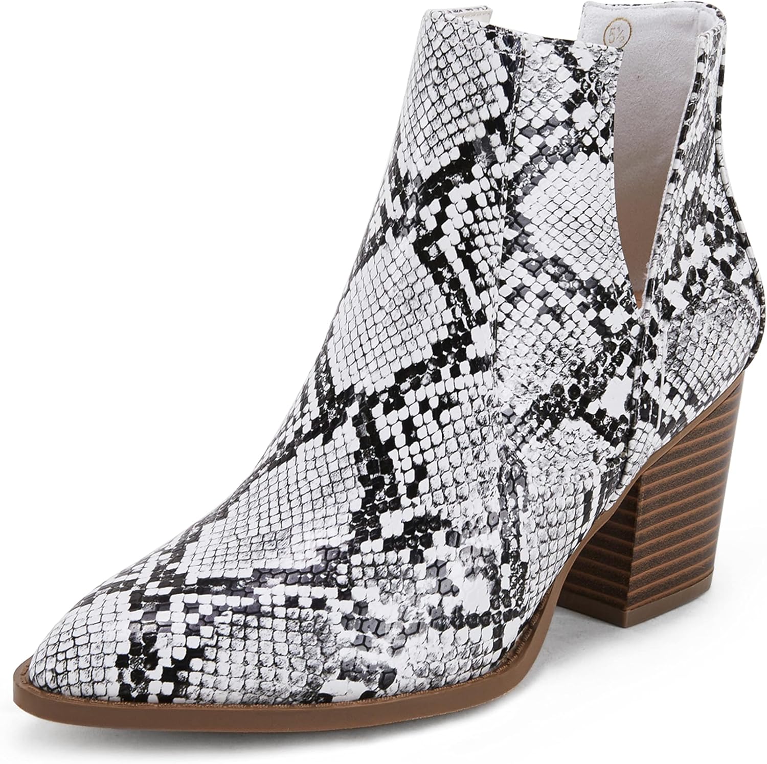 FISACE Womens Pointed Toe Stacked Mid Heel Ankle Boots V Cut Back Zipper Faux Le...