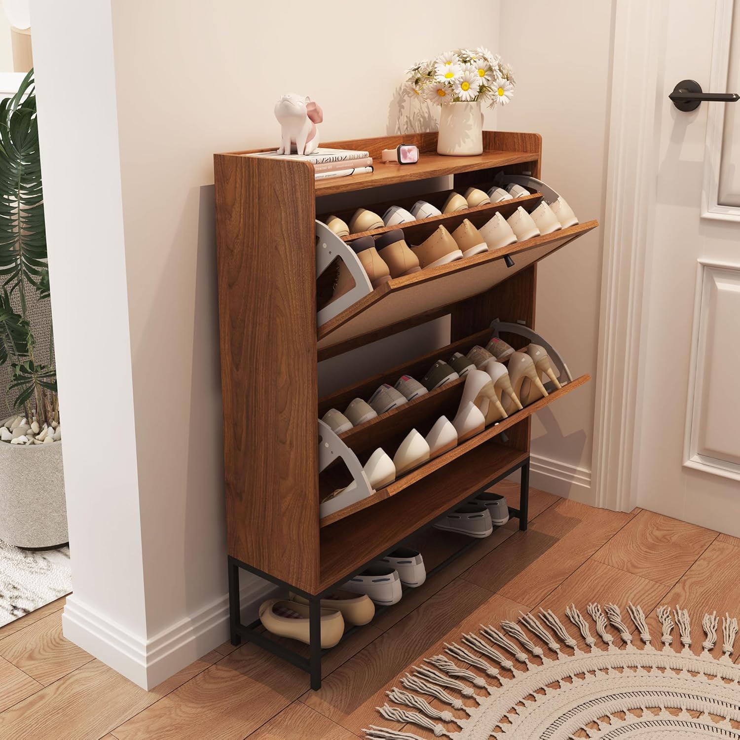 AVZEAR Narrow Shoe Storage Cabinet with 2 Flip Drawers, Freestanding Shoe Organi...