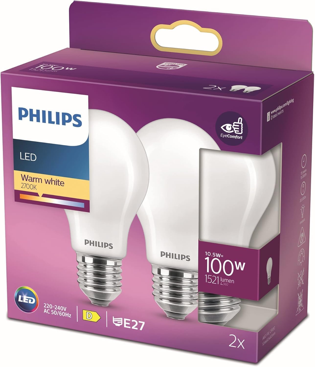 Philips LED Classic A60 Frosted Light Bulb 2 Pack [E27 Edison Screw] 10.5W - 100...