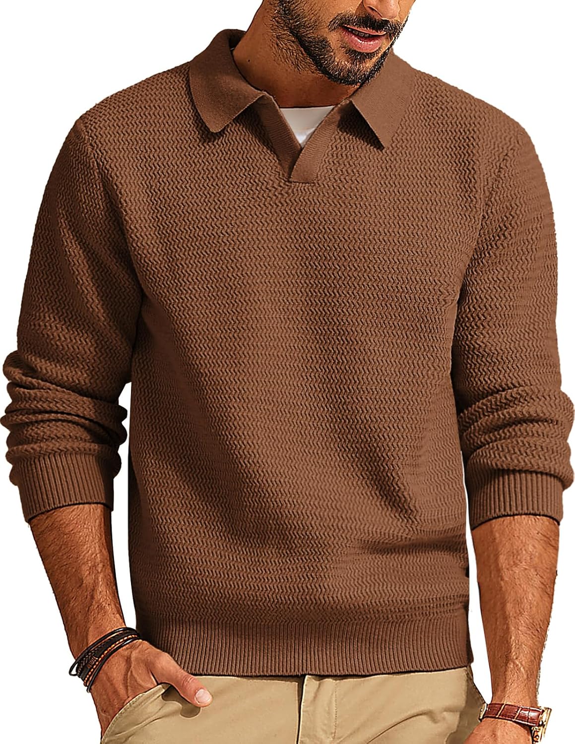 PJ PAUL JONES Men's Polo Shirts Long Sleeve Knit Polo Sweater Cable Knit Texture...