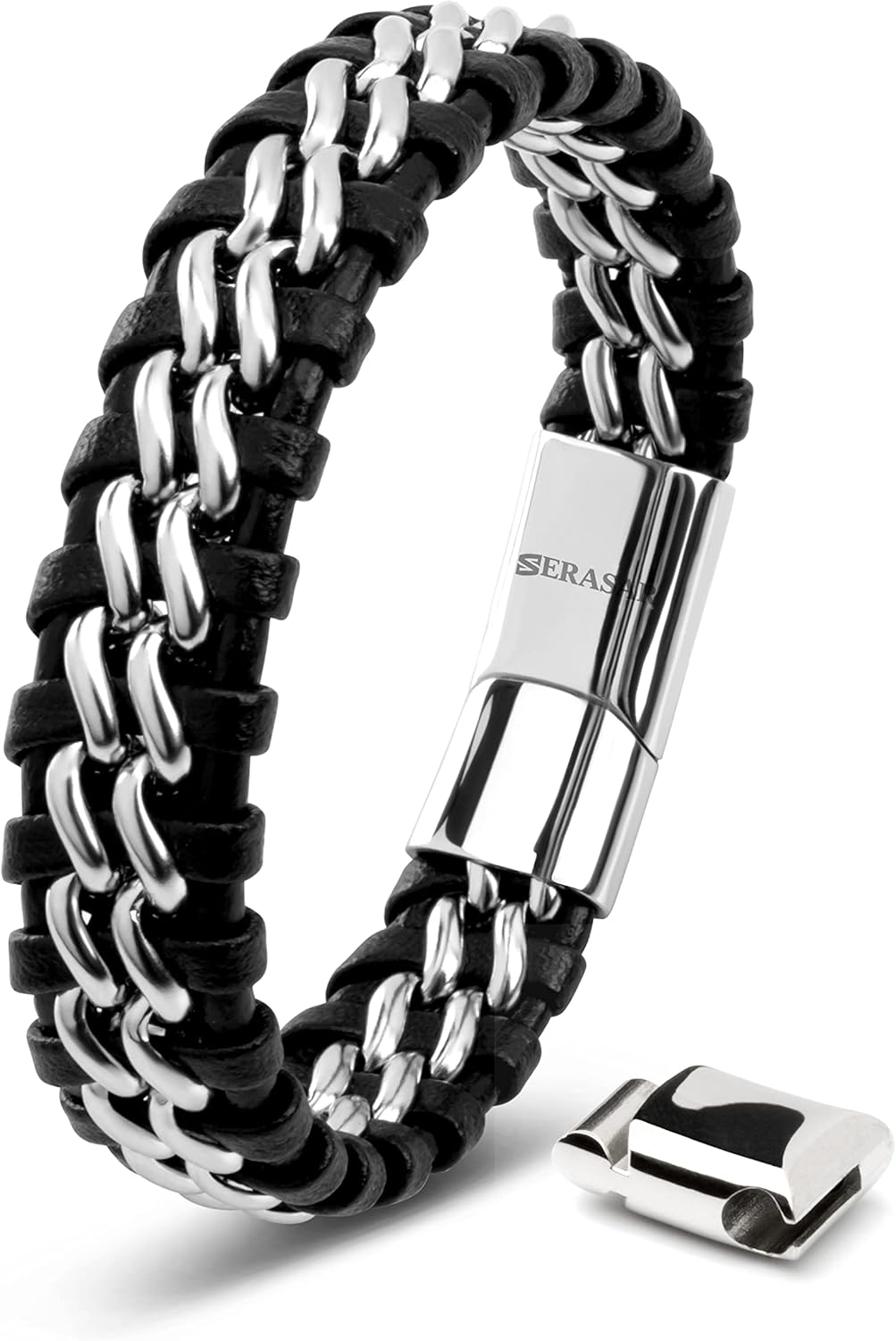 SERASAR | Premium Genuine Leather Bracelet for Men in Black | Magnetic Stainless...