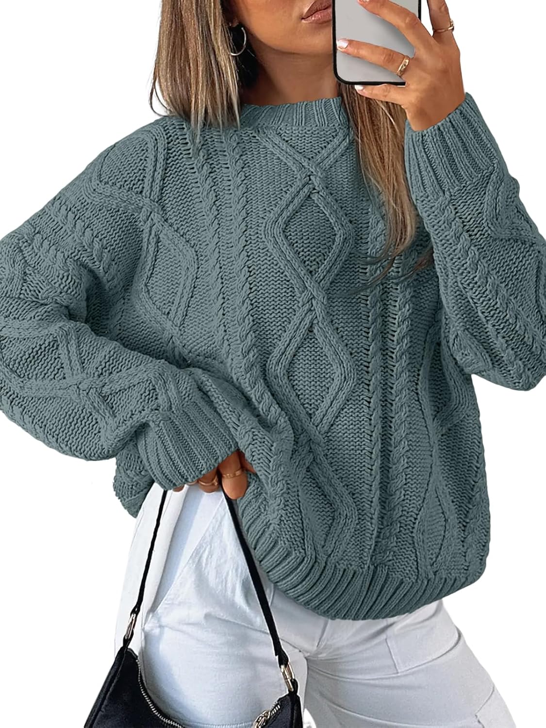 Trendy Queen Women's Oversized Cable Knit Crewneck Sweaters Dark Sage Large