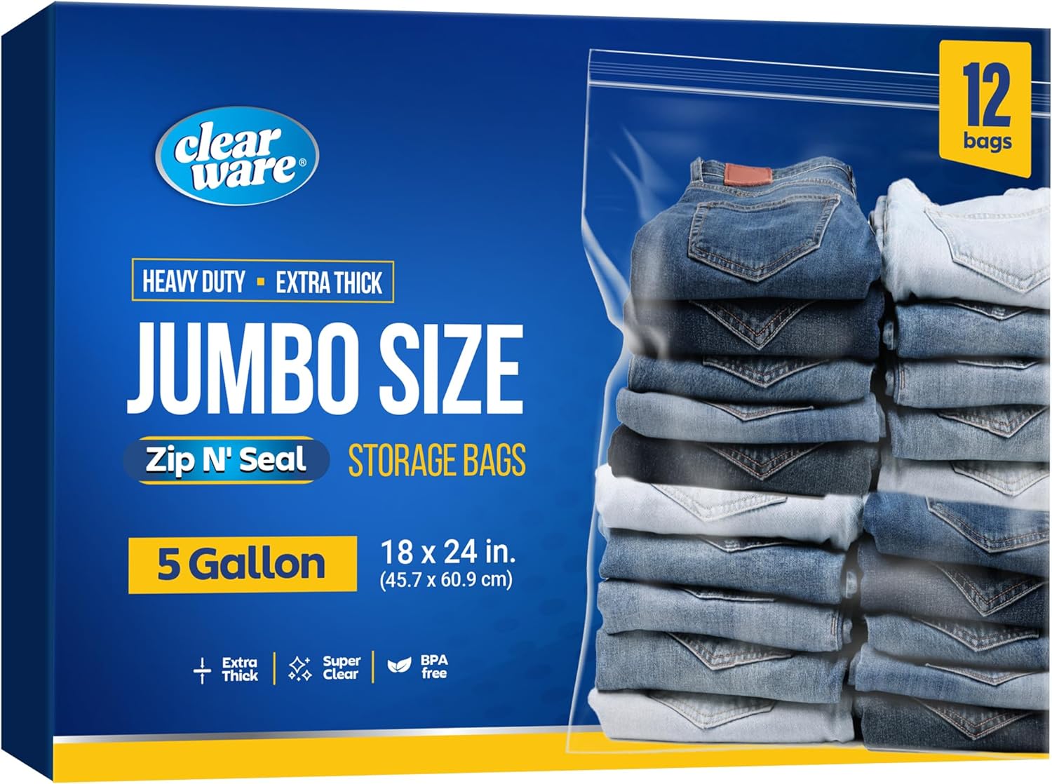 12 Large Plastic Bags With Zipper Top - 5 Gallon B...