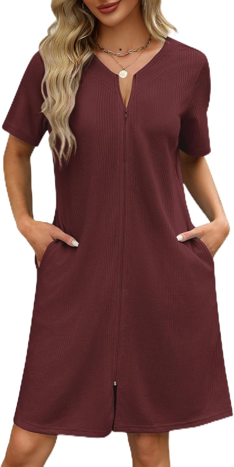 Ekouaer Women Zipper Robes Waffle Short Bathrobe Lightweight House Coat with Poc...