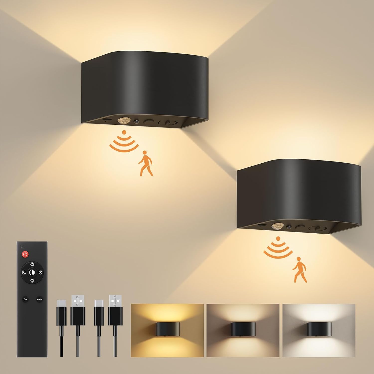 FULEN Wall Lights with Motion Sensor, Remote Control, 3 Colors, Up and Down Indo...