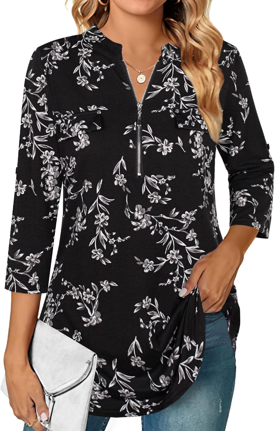 Ninedaily Women's 3/4 Sleeve Plaid Shirts Zip Floral Casual Tunic Blouse Tops La...