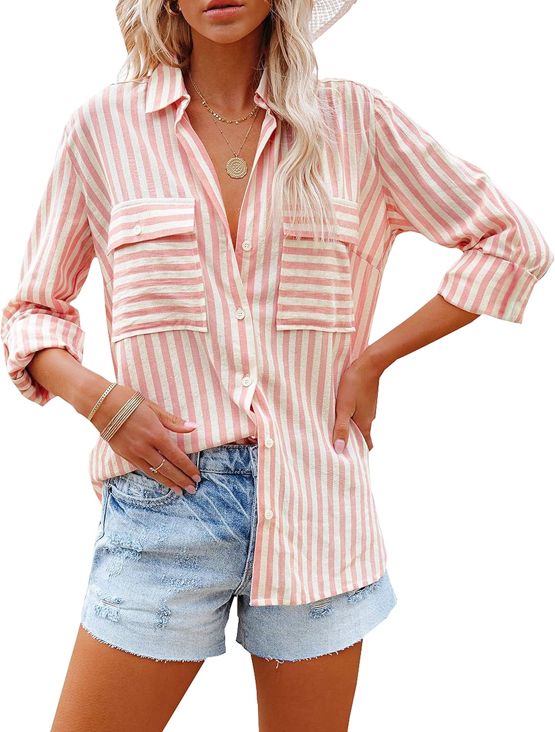 OMSJ Women's Striped Button Down Shirts Casual Long Sleeve Stylish V Neck Blouse...