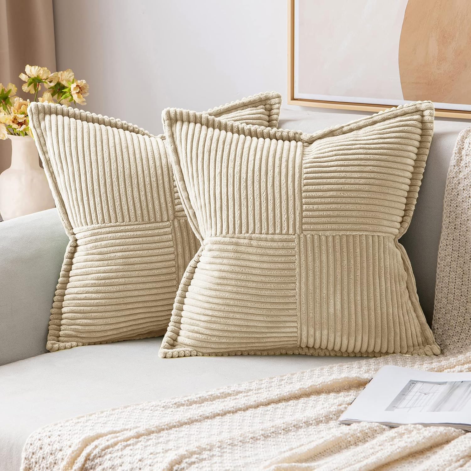 MIULEE Corduroy Cushion Covers Pack of 2 Decorative Modern Patchwork Throw Pillo...