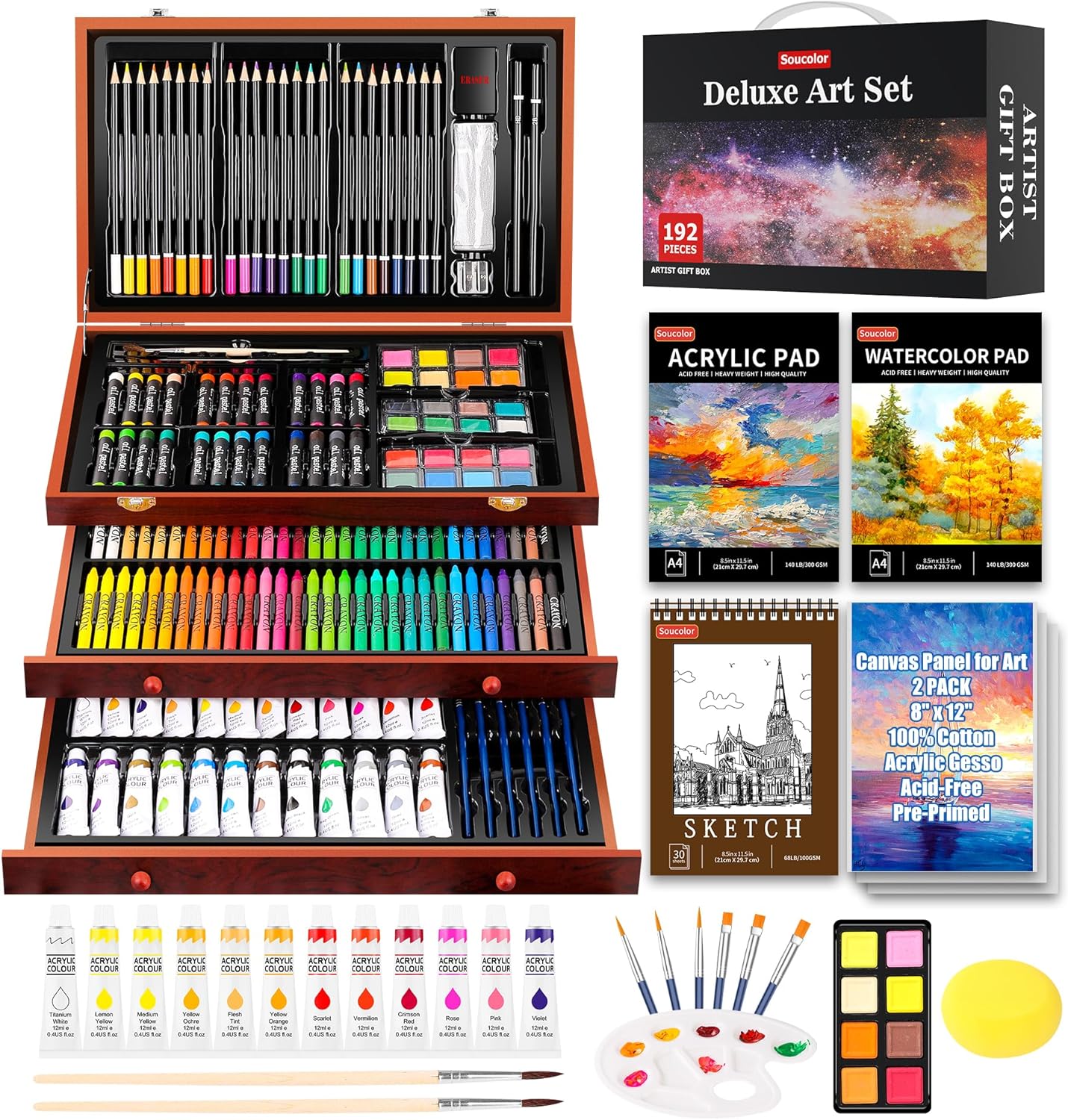 Soucolor Art Supplies, 192-Pack Deluxe Art Set Drawing Painting Supplies Kit wit...