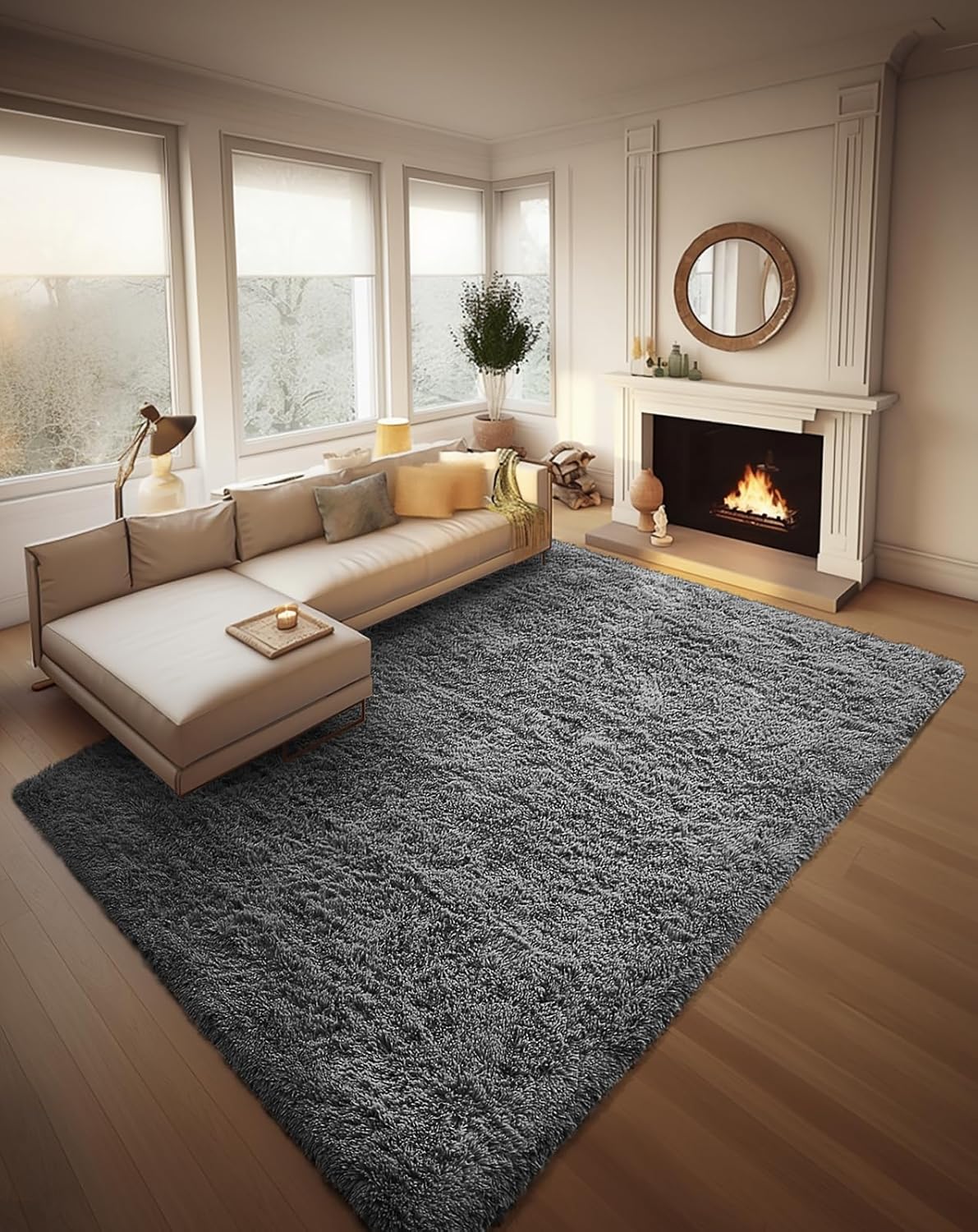 Ophanie 8x10 Area Rugs for Living Room, Large Shag Bedroom Carpet, Grey Big Indo...