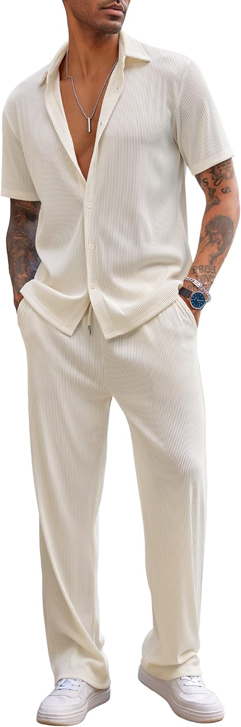 COOFANDY Men's 2 Piece Outfit Casual Short Sleeve Button Down Shirt Beach Summer...