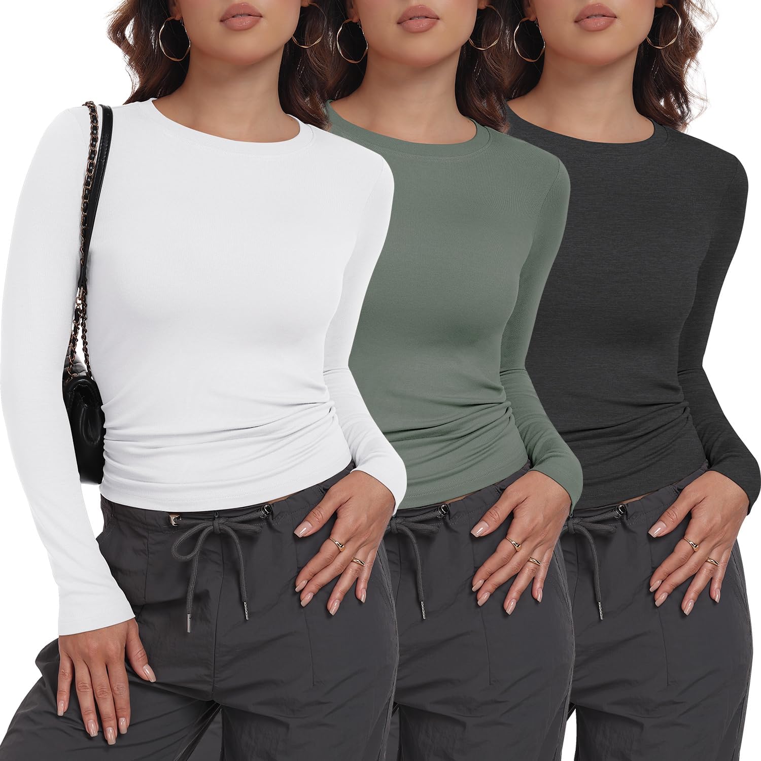 3 Pack Womens Long Sleeve Shirts Crew Neck Basic Stretchy Fitted Y2K Tops Going...