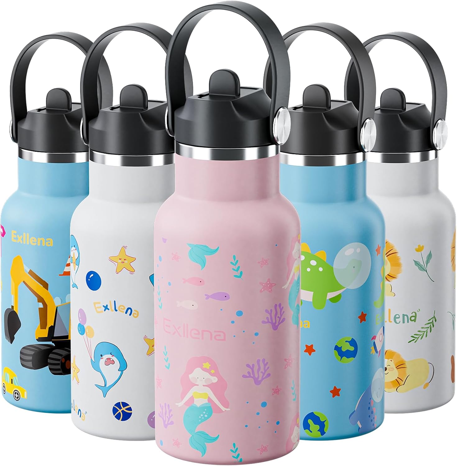 Exllena 350ml Stainless Steel Water Bottle Kids BPA Free with Straw - 100% Leakp...