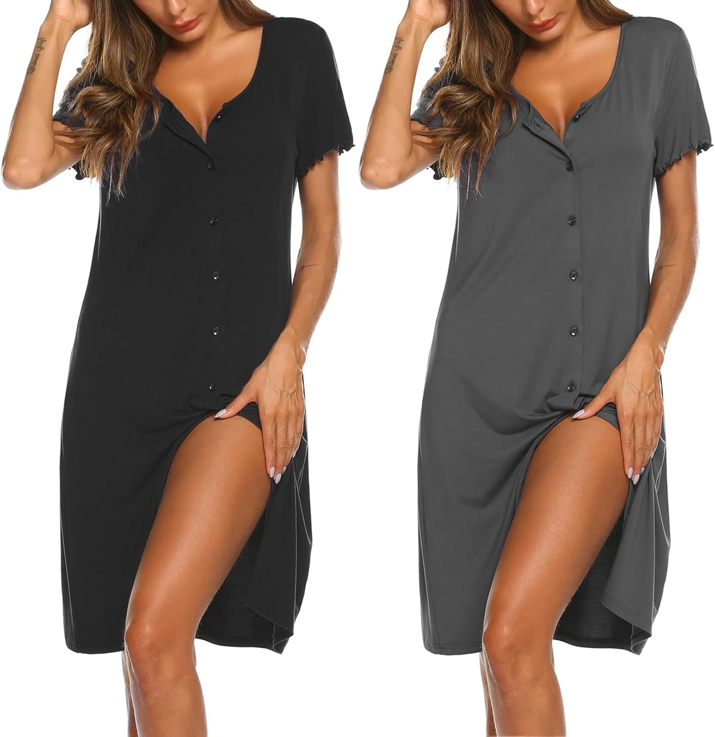 Ekouaer 2 Pack Nightgowns for Women Button Down Night Shirts Short Sleeve Sleep...