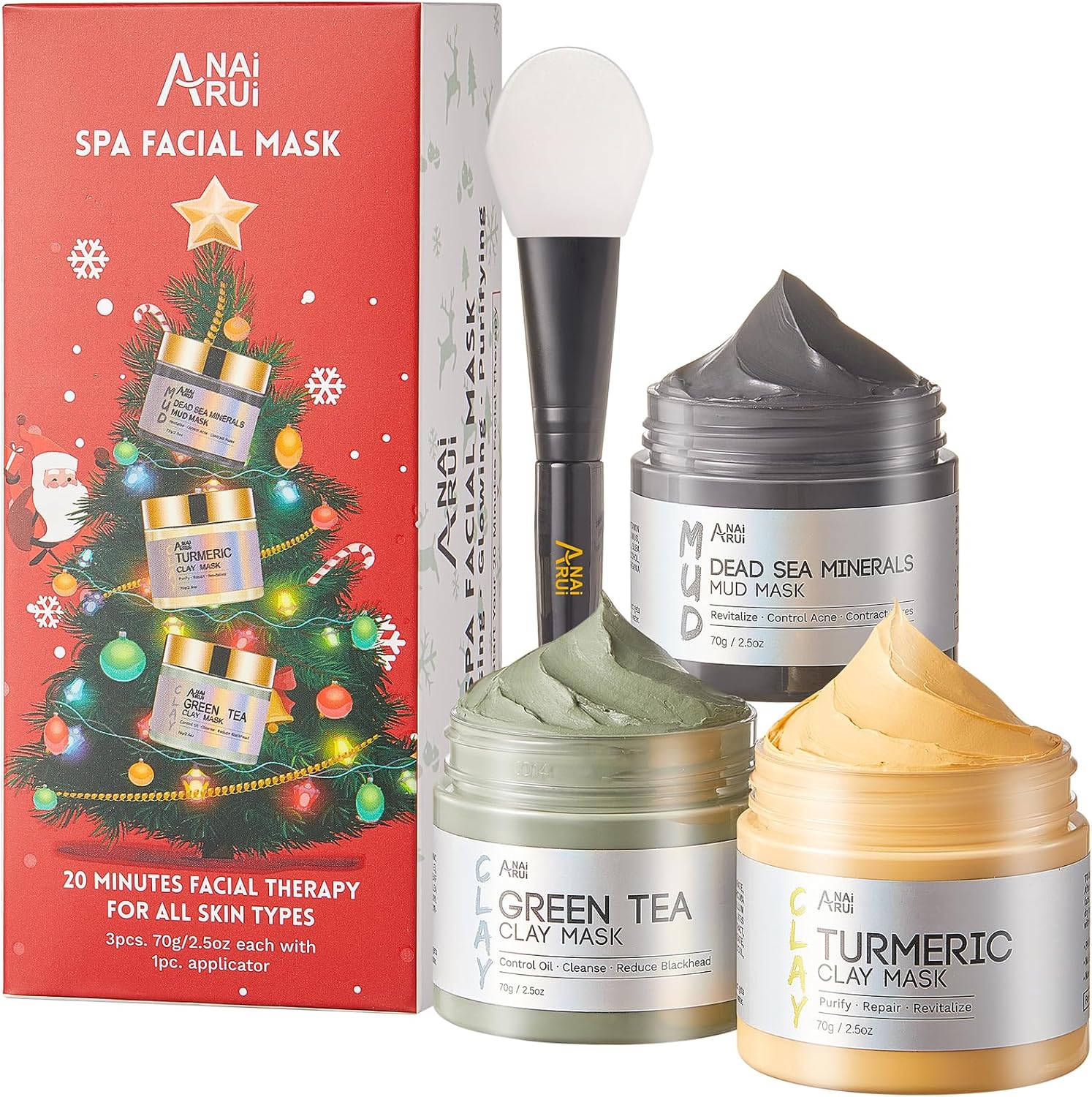 ANAiRUi Face Mask Gift Set for Christmas 70g*3, Turmeric Clay Mask - Green Tea C...