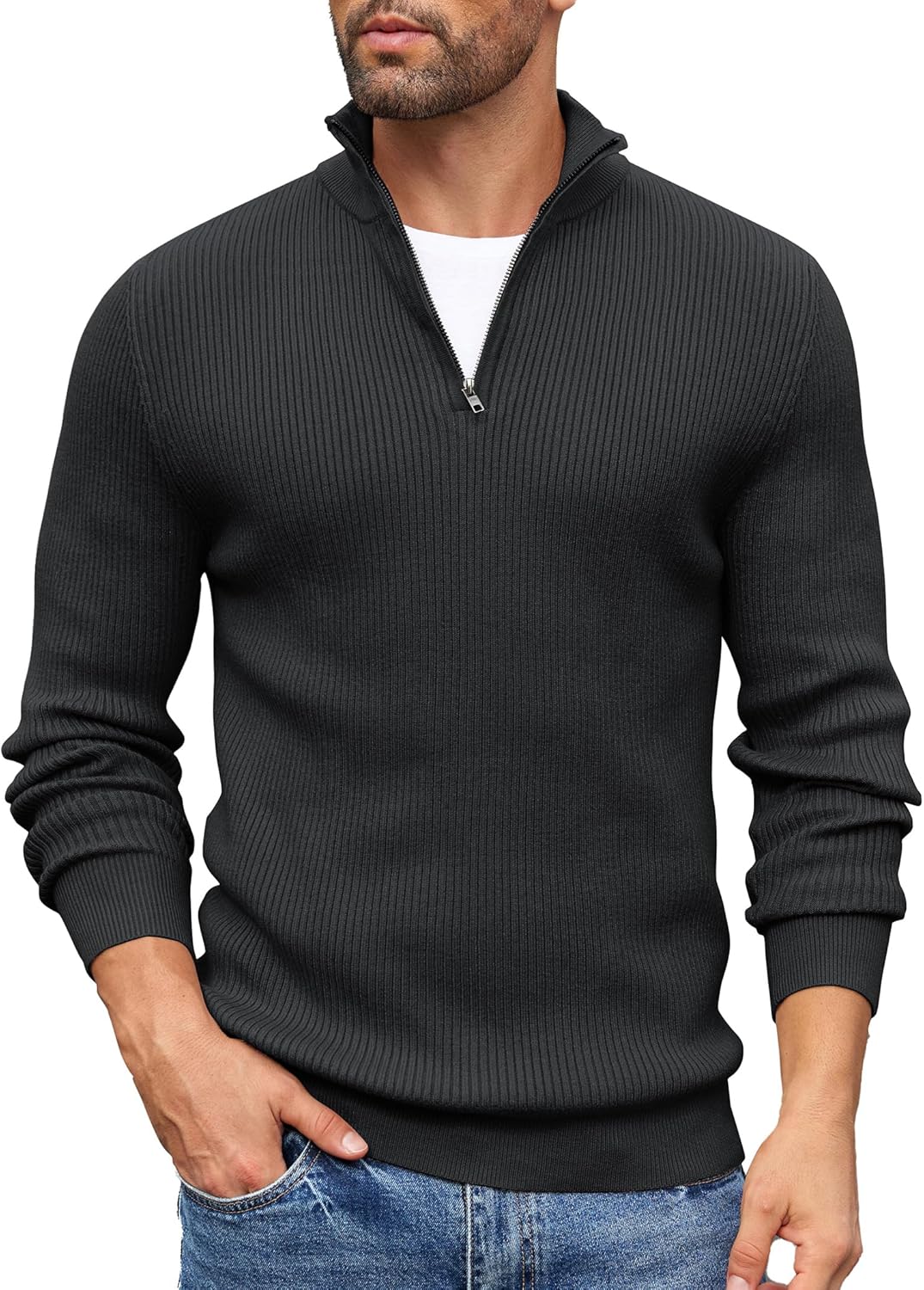 COOFANDY Mens Quarter Zip Jumper Knitted Turtleneck Sweater Long Sleeved Mock Ne...