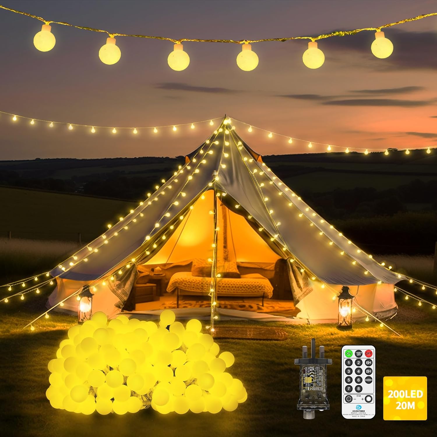 20M 200 LED Fairy Lights Plug in Outdoor Globe String Lights Waterproof with Rem...