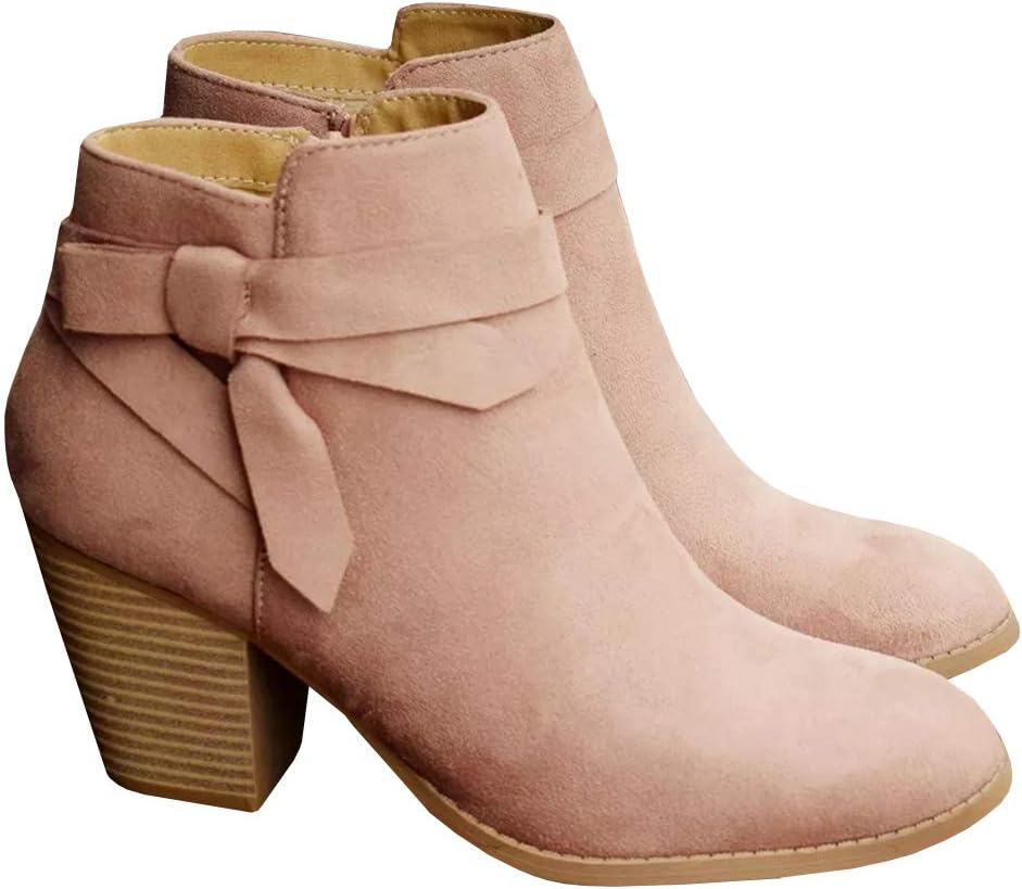 PiePieBuy Women's Tie Knot Chelsea Pump Ankle Boots Closed Toe Stacked Heel Boot...