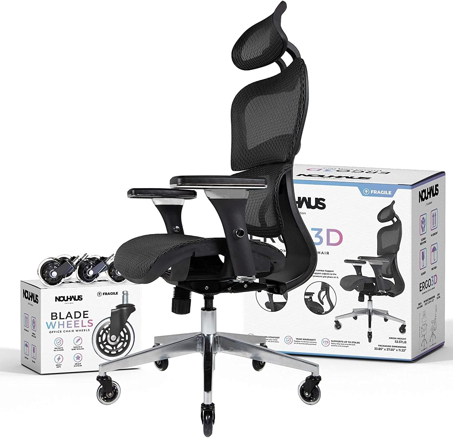 Nouhaus Ergo3D Ergonomic Office Chair Lumbar Support Mesh Office Chair with 4D A...