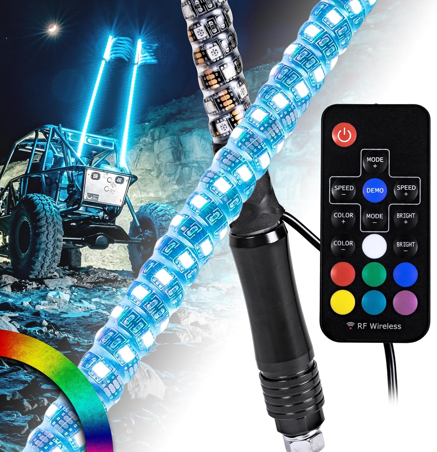 True Mods 2pc 4ft Spiral RGB LED Whip Light for UTV ATV [RF Wireless Remote] Fla...