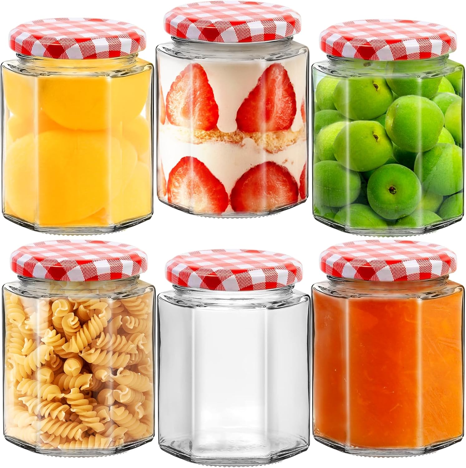 Showvigor Glass Jam Jars with Red Gingham Lid - 280ml/9oz - Hexagonal Storage Gl...