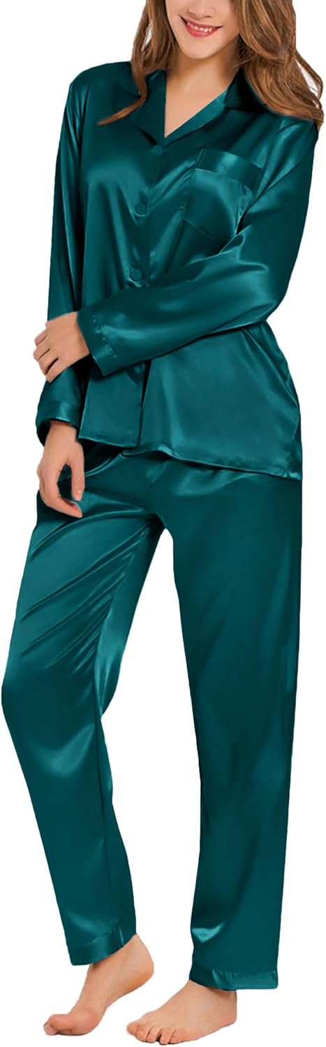 SWOMOG Long Sleeve Pajamas Set Silk Satin Sleepwear Button Down Pjs Loungewear w...
