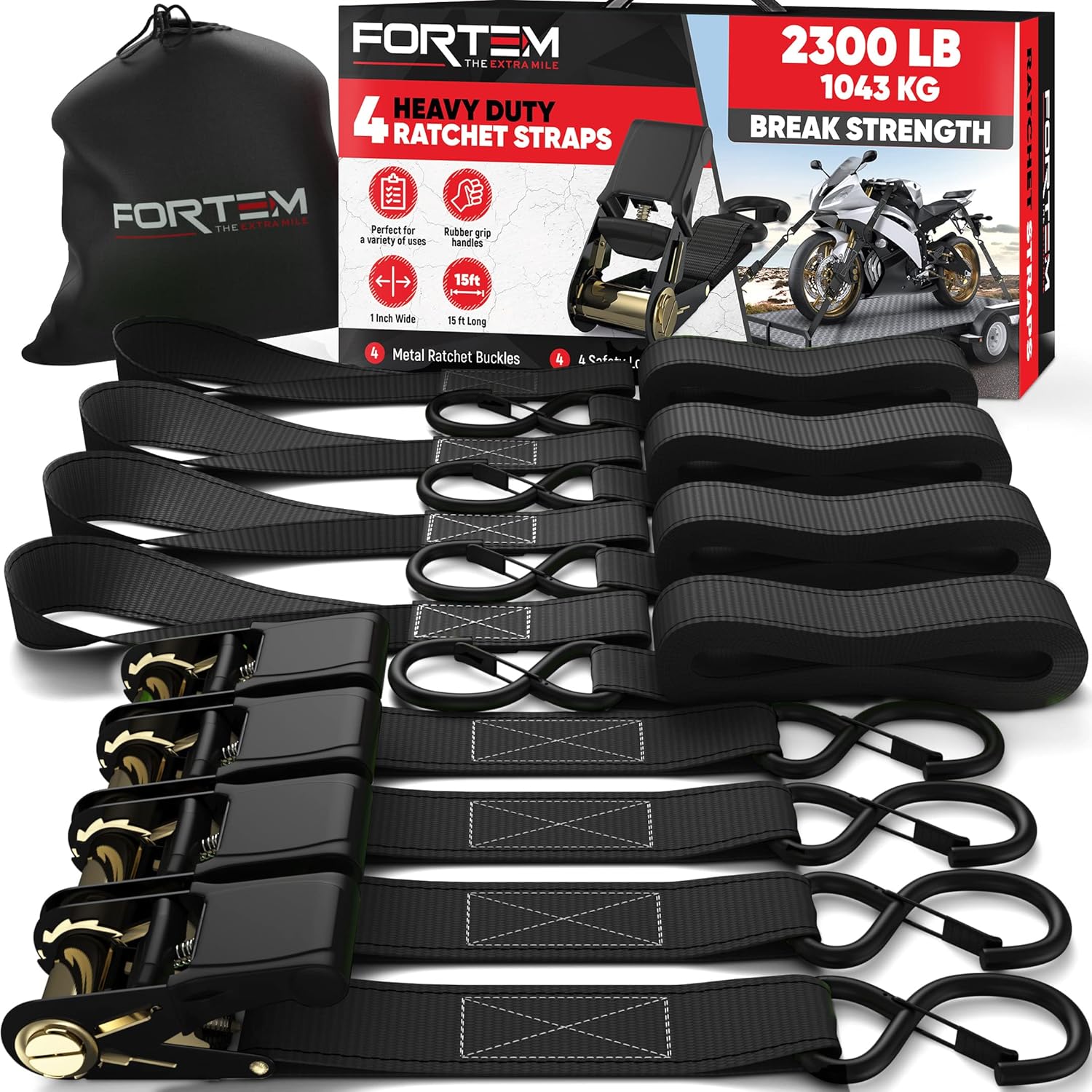 FORTEM Ratchet Straps, 1043kg Break Strength, 4 Pack 4.6m x 2.54cm Tie Down Stra...