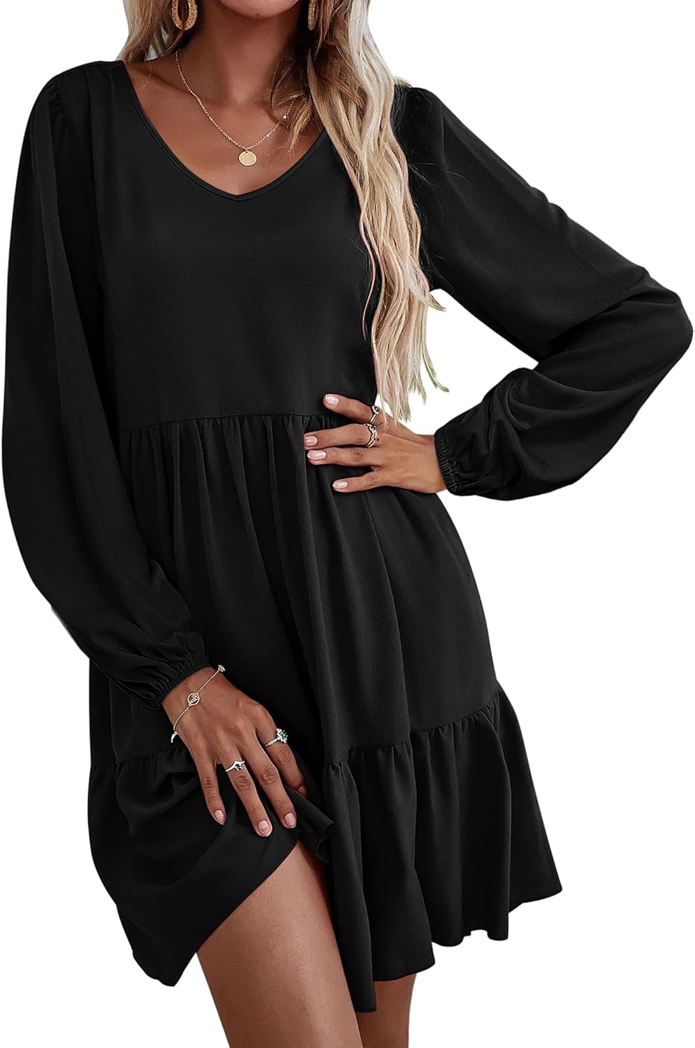 HOTOUCH Women Casual Tunic Dress V Neck Tiered Dress Long Sleeve Fit Swing Shift...