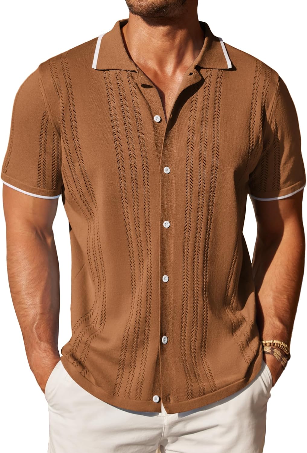 COOFANDY Men's Knit Button Down Shirt Vintage Short Sleeve Polo Shirts Casual Be...