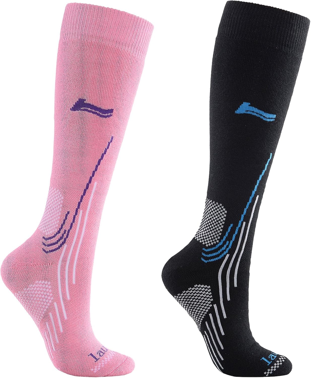 Laulax Ladies 2 Pairs Merino Wool Winter Ski Socks, Size 3-7 Black, Pink