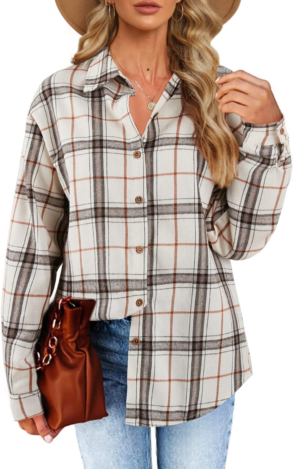 Womens Long Sleeve Plaid Shirts Flannel Collared Button Down Shackets Casual Rol...