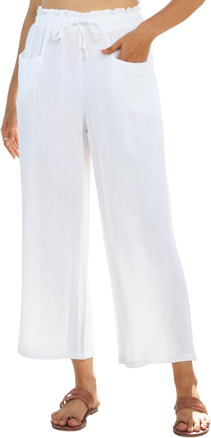 siliteelon Wide Leg Linen Pants for Women Summer Capri Palazzo Flowy Pants Casua...