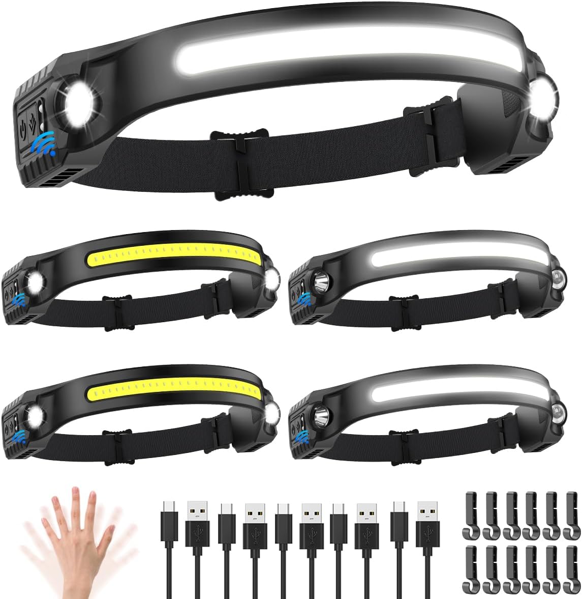 Headlamp Rechargeable 5Pack, 230° Wide Beam Head Lamp with 2 Spotlights, LED Hea...