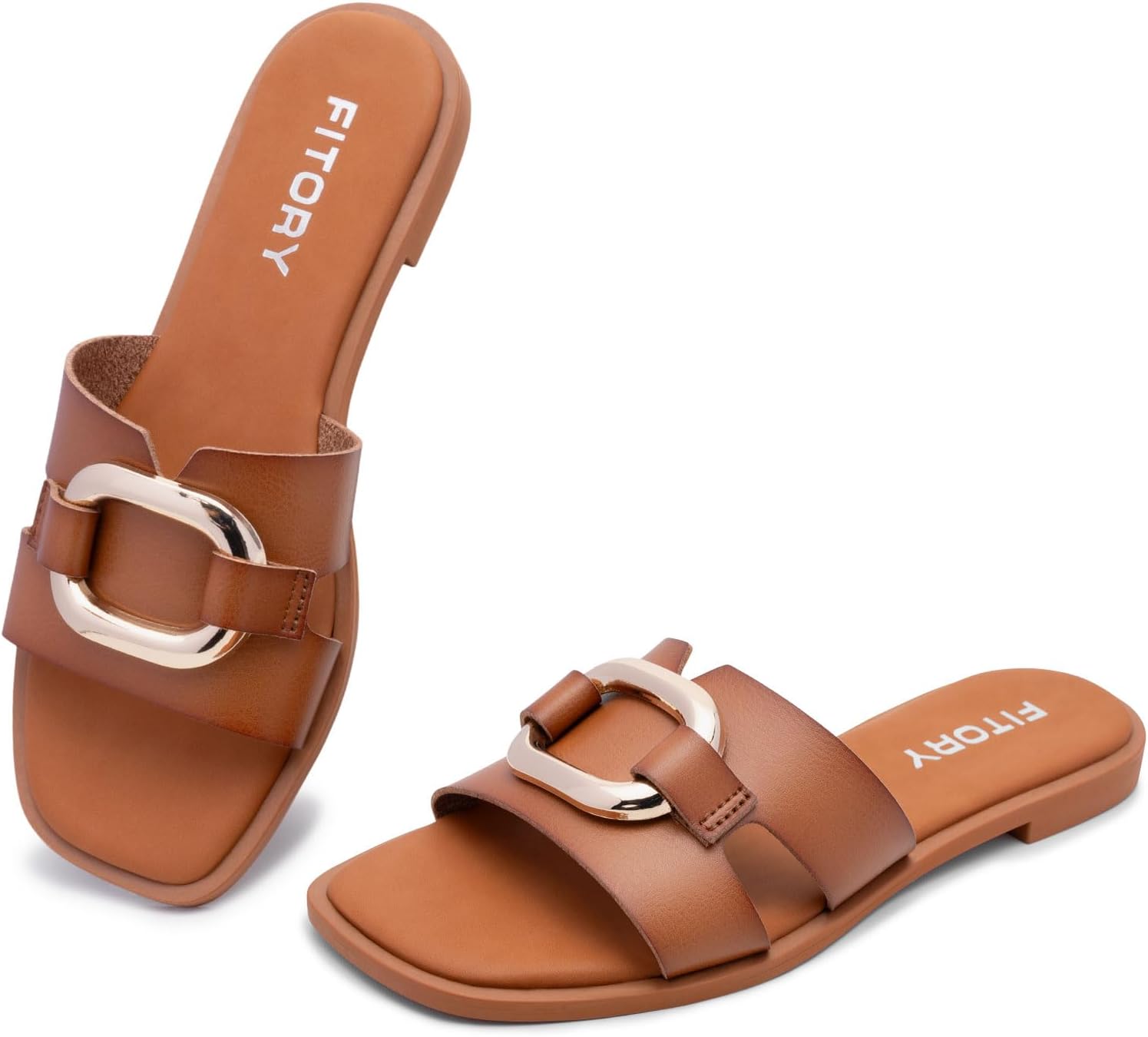 FITORY Women's Flat Sandals Fashion Square Open Toe Slides With Metal Chain Slip...