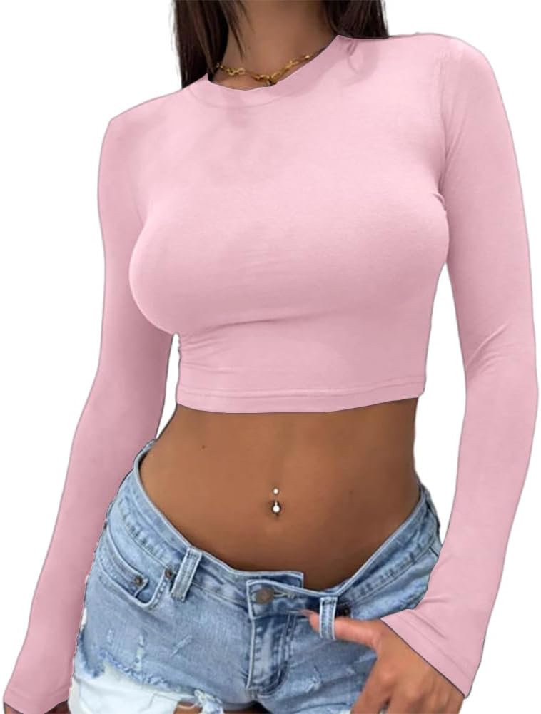 Abardsion Women's Sexy Long Sleeve Crop Top 2024 Crew Neck Basic Fitted Tight Cr...
