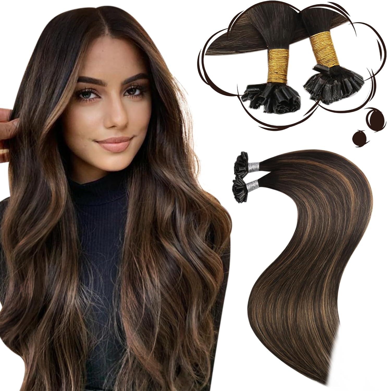 Moresoo Brown Pre Bonded Human Hair Extensions Balayage U Tip Hair Extensions Da...
