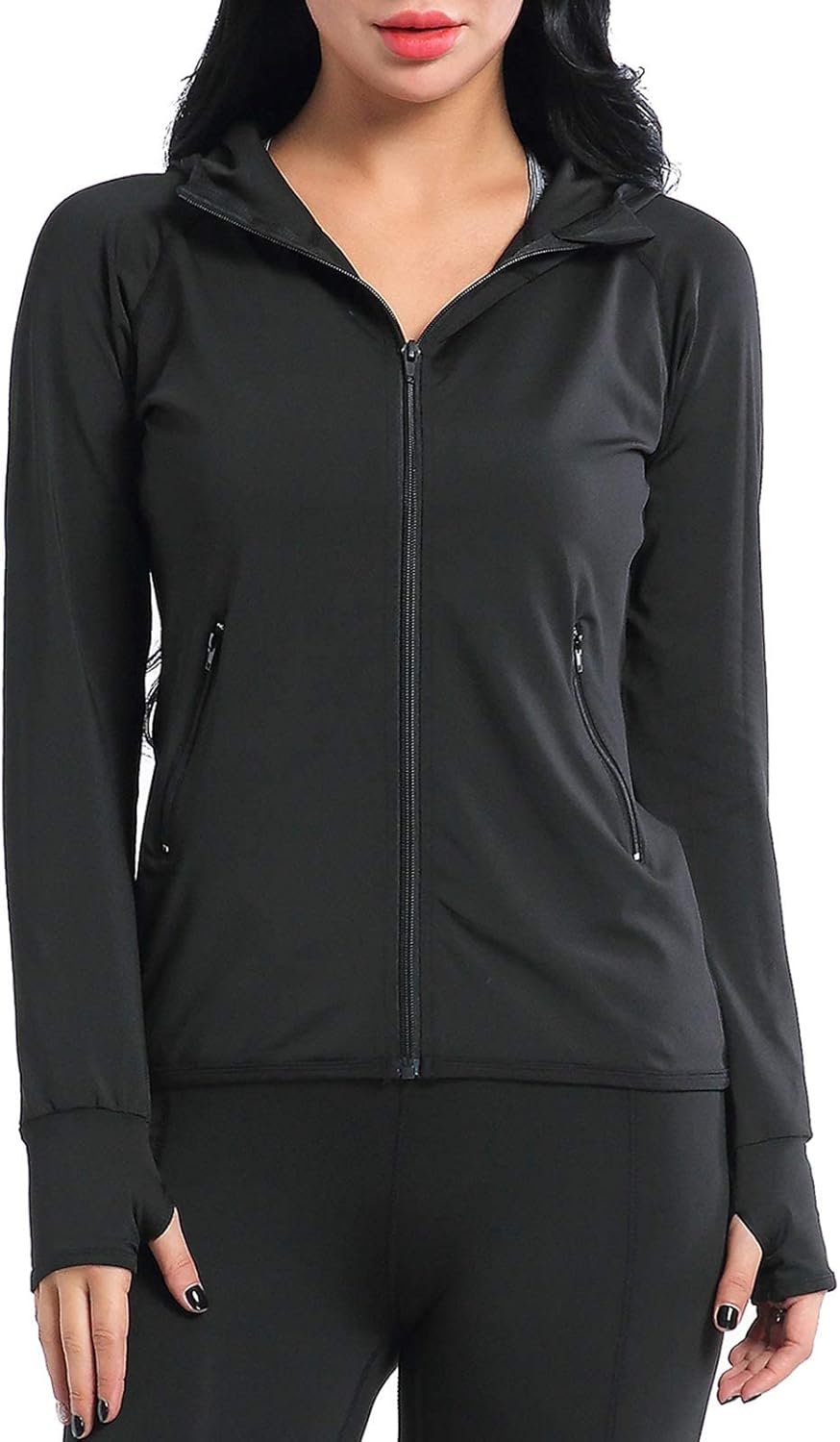 AMZSPORT Women's Running Jacket Long Sleeve Gym Sports Hoodie with Zip Side Pock...