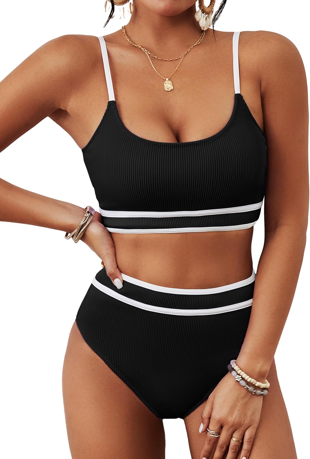 BMJL Women's High Waisted Bikini Ribbed Two Piece Swimsuit High Cut Color Block...