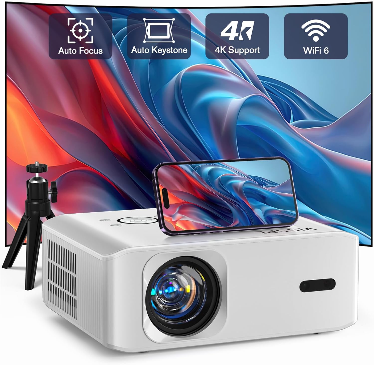 [Auto Foucs] Smart Projector with WiFi and Bluetooth, VISSPL 4K Supported Video...