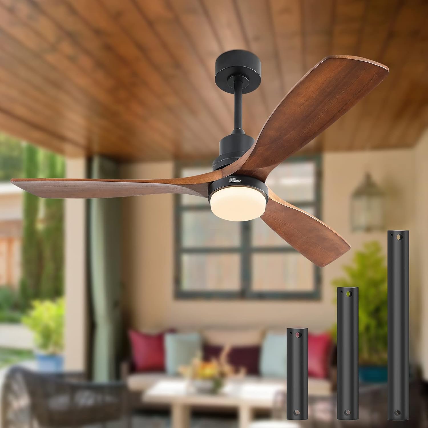 Sofucor 52 inch Solid Wood Ceiling Fan with Lights and Remote, Low Profile Brown...