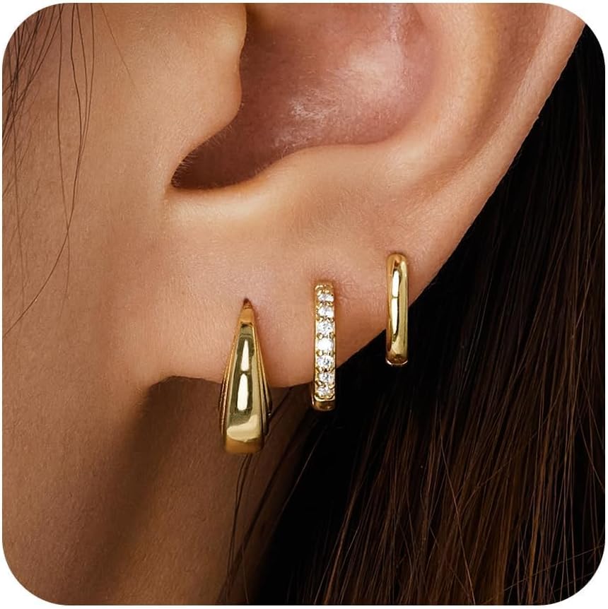 Gold Hoop Earrings Set for Women, 14K Small Huggie Earrings for Multiple Piercin...