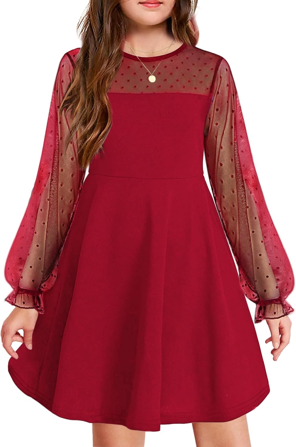 Arshiner Girl's Contrast Mesh Puff Long Sleeve High Waist A Line Princess Skater...