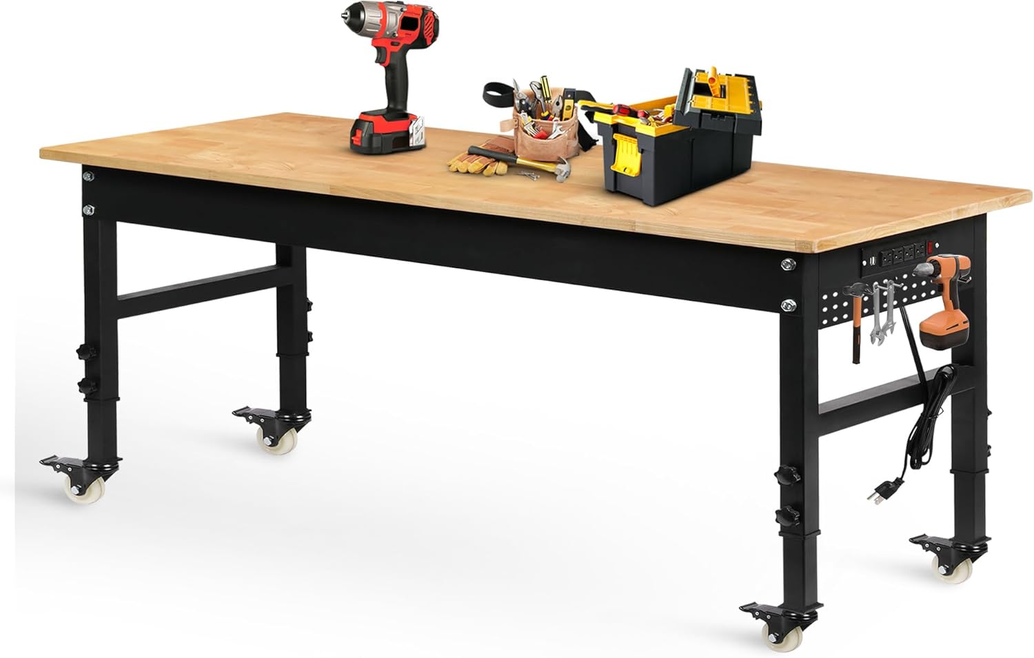 70" Adjustable Workbench on Wheels, 2000 LBS Heavy Duty Work Table with Power Ou...