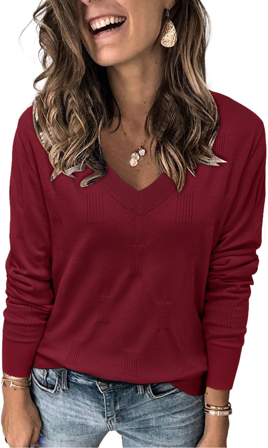 Arach&Cloz Women 2025 Fashion V Neck Long Sleeve Shirts Blouse Knit Casual Pullo...